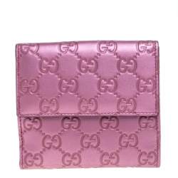 Pre Owned Gucci Metallic Pink Guccissima Leather Heart French Flap Wallet