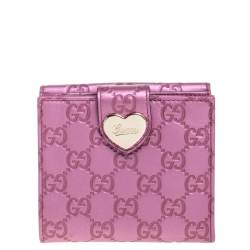 Pre Owned Gucci Metallic Pink Guccissima Leather Heart French Flap Wallet