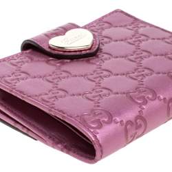 Pre Owned Gucci Metallic Pink Guccissima Leather Heart French Flap Wallet