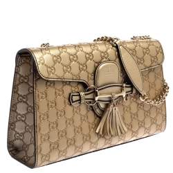 Pre Owned حقيبة كتف غوتشي إيميلي متوسطة جلد غوتشيسيما بيج ميتاليك