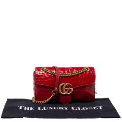Pre Owned Gucci Red Alligator Small GG Marmont Shoulder Bag