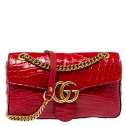 Pre Owned Gucci Red Alligator Small GG Marmont Shoulder Bag
