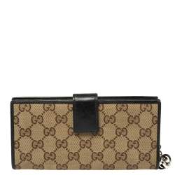 Pre Owned Gucci Beige/Black GG Canvas and Leather Continental Wallet