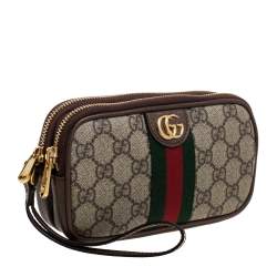 Pre Owned Gucci Beige/Ebony GG Supreme Canvas and Leather Ophidia Wristlet Pouch