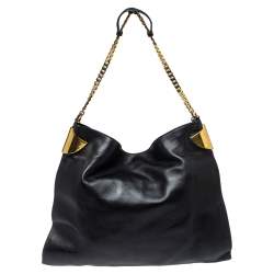 Pre Owned حقيبة غوتشي 1970 بشراشيب سلسلة جلد أسود