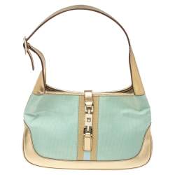 Pre Owned Gucci Metallic Gold/Turquoise Mesh and Leather Jackie Hobo