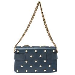 Pre Owned Gucci Blue Leather Broadway Pearly Bee Shoulder Bag