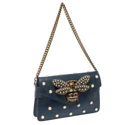 Pre Owned Gucci Blue Leather Broadway Pearly Bee Shoulder Bag
