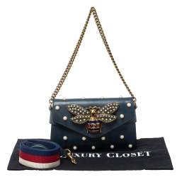 Pre Owned Gucci Blue Leather Broadway Pearly Bee Shoulder Bag