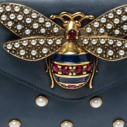 Pre Owned Gucci Blue Leather Broadway Pearly Bee Shoulder Bag