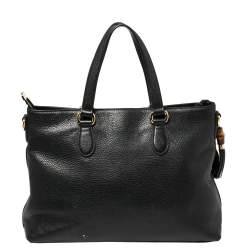 Pre Owned حقيبة يد غوتشي شراشيب بامبو جلد حُبيبي سوداء