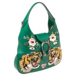 Pre Owned حقيبة هوبو غوتشى دينسيوس كبيرة رأس نمر مطرزة جلد خضراء 
