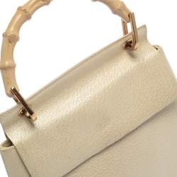 Pre Owned Gucci Ivory Leather Vintage Bamboo Top Handle Bag