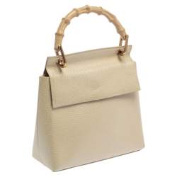 Pre Owned Gucci Ivory Leather Vintage Bamboo Top Handle Bag