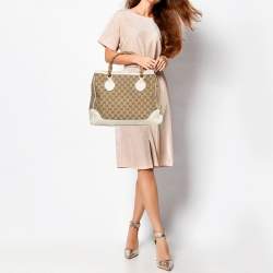 Pre Owned Gucci  Beige/Cream GG Canvas and Leather Diana Bamboo Tote