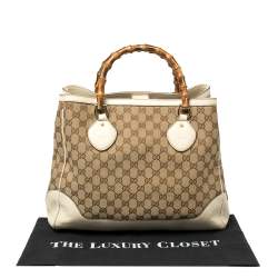 Pre Owned Gucci  Beige/Cream GG Canvas and Leather Diana Bamboo Tote