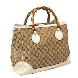 Pre Owned Gucci  Beige/Cream GG Canvas and Leather Diana Bamboo Tote