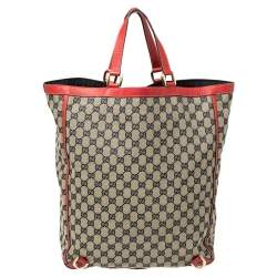 Pre Owned Gucci Beige/Red GG Canvas And Leather Large Abbey Tote