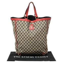 Pre Owned Gucci Beige/Red GG Canvas And Leather Large Abbey Tote