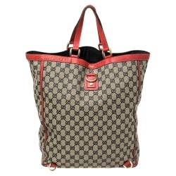 Pre Owned Gucci Beige/Red GG Canvas And Leather Large Abbey Tote