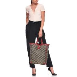 Pre Owned Gucci Beige/Red GG Canvas And Leather Large Abbey Tote