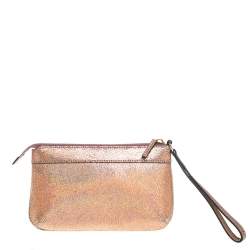 Pre Owned Gucci Rose Gold Iridescent Cracked Leather Wristlet Pouch
