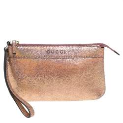 Pre Owned Gucci Rose Gold Iridescent Cracked Leather Wristlet Pouch