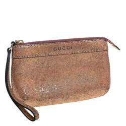 Pre Owned Gucci Rose Gold Iridescent Cracked Leather Wristlet Pouch