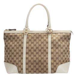 Pre Owned Gucci White GG Canvas Leather Lovely Tote Bag
