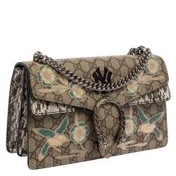 Pre Owned حقيبة كتف غوتشي أن واي يانكيز ديونسوس صغيرة جلد ثعبان وكانفاس سوبريم جي جي مطرزة بيج