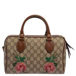 Gucci Beige/Brown GG Supreme Canvas and Leather Floral Embroidered Boston Bag