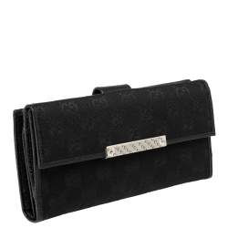 Pre Owned Gucci Black GG Canvas and Leather Logo Metal Plate Continental Wallet
