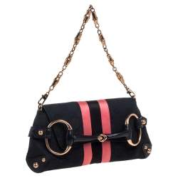 Gucci Black/Pink GG Canvas, Satin and Leather Small Limited Edition Tom Ford Horsebit Web Chain Clutch