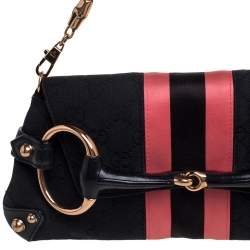 Gucci Black/Pink GG Canvas, Satin and Leather Small Limited Edition Tom Ford Horsebit Web Chain Clutch