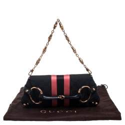 Gucci Black/Pink GG Canvas, Satin and Leather Small Limited Edition Tom Ford Horsebit Web Chain Clutch