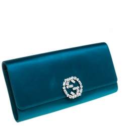 Pre Owned حقيبة كلتش غوتشى برودواى جى متشابك زخرفة كريستال ساتان زرقاء 