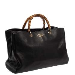 Pre Owned حقيبة يد شوبر غوتشي جلد سوداء كبيرة بيد بامبو