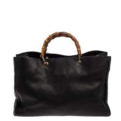 Pre Owned حقيبة يد شوبر غوتشي جلد سوداء كبيرة بيد بامبو