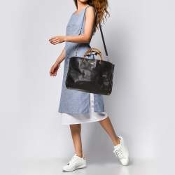 Pre Owned حقيبة يد شوبر غوتشي جلد سوداء كبيرة بيد بامبو