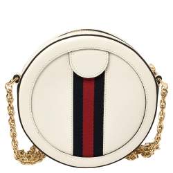 Pre Owned Gucci White Leather Mini Ophidia Round Shoulder Bag   