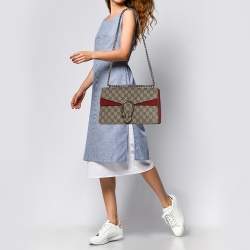 Pre Owned حقيبة كتف غوتشى دينسيوس مينى سويدى وكانفاس سوبريم جى جى حمراء / بيج 