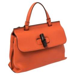 Pre Owned Gucci Orange Leather Medium Bamboo Daily Top Handle Bag