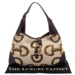 مملوكة مسبقًا Gucci Brown/Cream Horsebit Print Canvas and Leather Jackie O Hobo