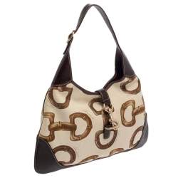مملوكة مسب�قًا Gucci Brown/Cream Horsebit Print Canvas and Leather Jackie O Hobo