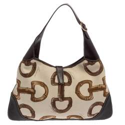مملوكة مسبقًا Gucci Brown/Cream Horsebit Print Canvas and Leather Jackie O Hobo