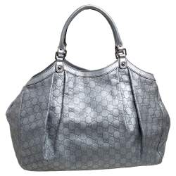 Pre Owned Gucci Metallic Silver Guccissima Leather Large Sukey Tote