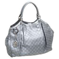 Pre Owned Gucci Metallic Silver Guccissima Leather Large Sukey Tote