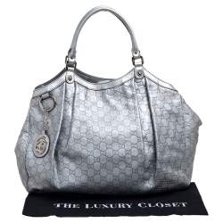 Pre Owned Gucci Metallic Silver Guccissima Leather Large Sukey Tote