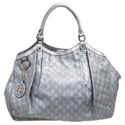 Pre Owned Gucci Metallic Silver Guccissima Leather Large Sukey Tote