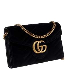Gucci Black Chevron Velvet GG Marmont Wallet on Chain